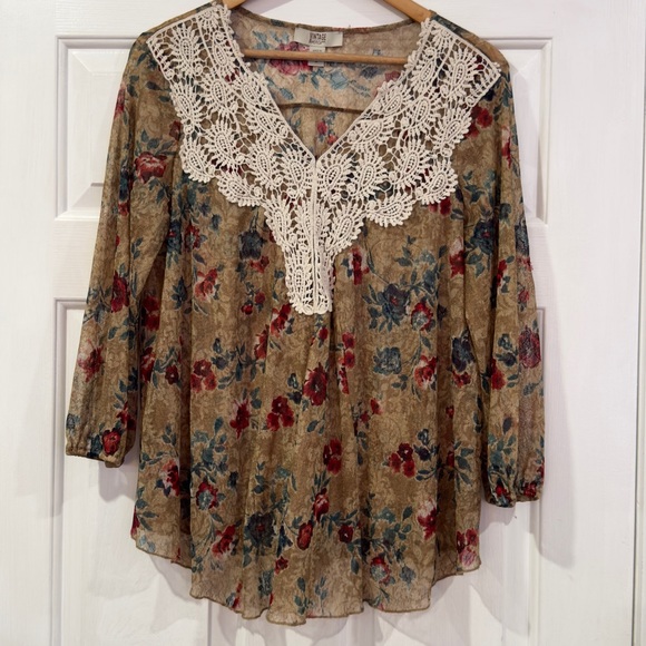 Vintage America Blue brown floral sheer boho blouse Size medium - Picture 3 of 7